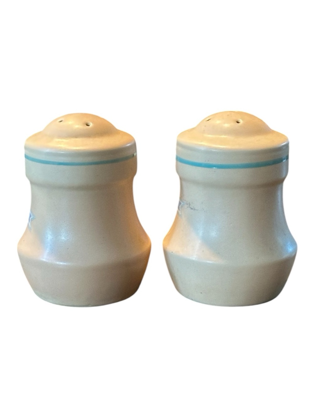 VTG Southwest Ceramic Salt and Pepper Shakers in Cream with Blue Stripe